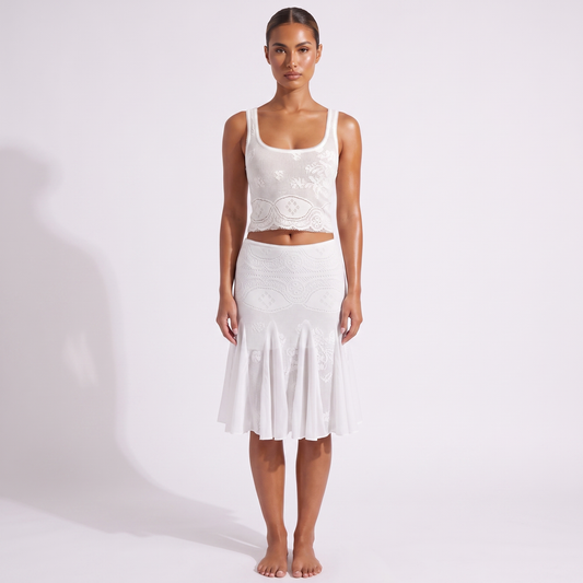 White textured-knit crop top and fishtail midi skirt set, full-length front