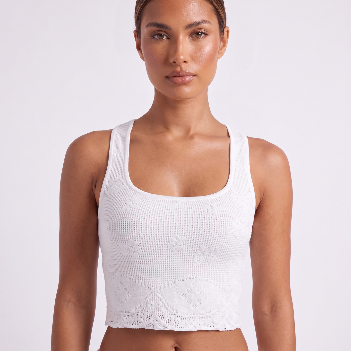 White textured-knit scoop-neck crop tank, detail