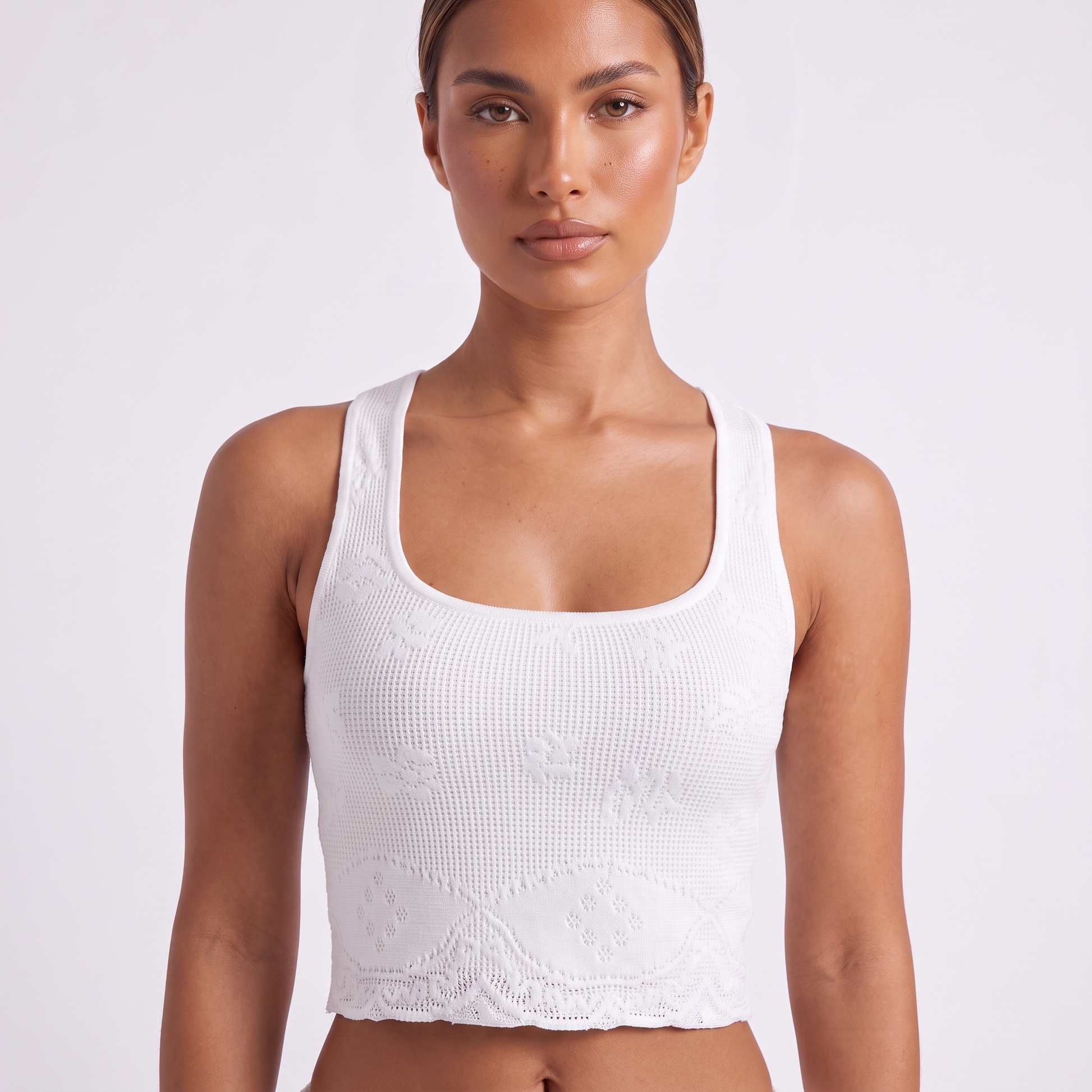White textured-knit scoop-neck crop tank, detail