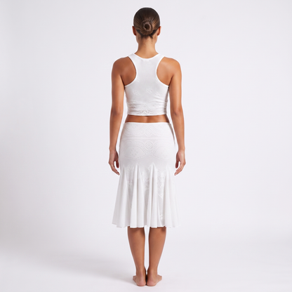 White textured-knit crop top and fishtail skirt set, back view