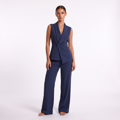 Sleeveless vest and trousers suit set in navy blue, front