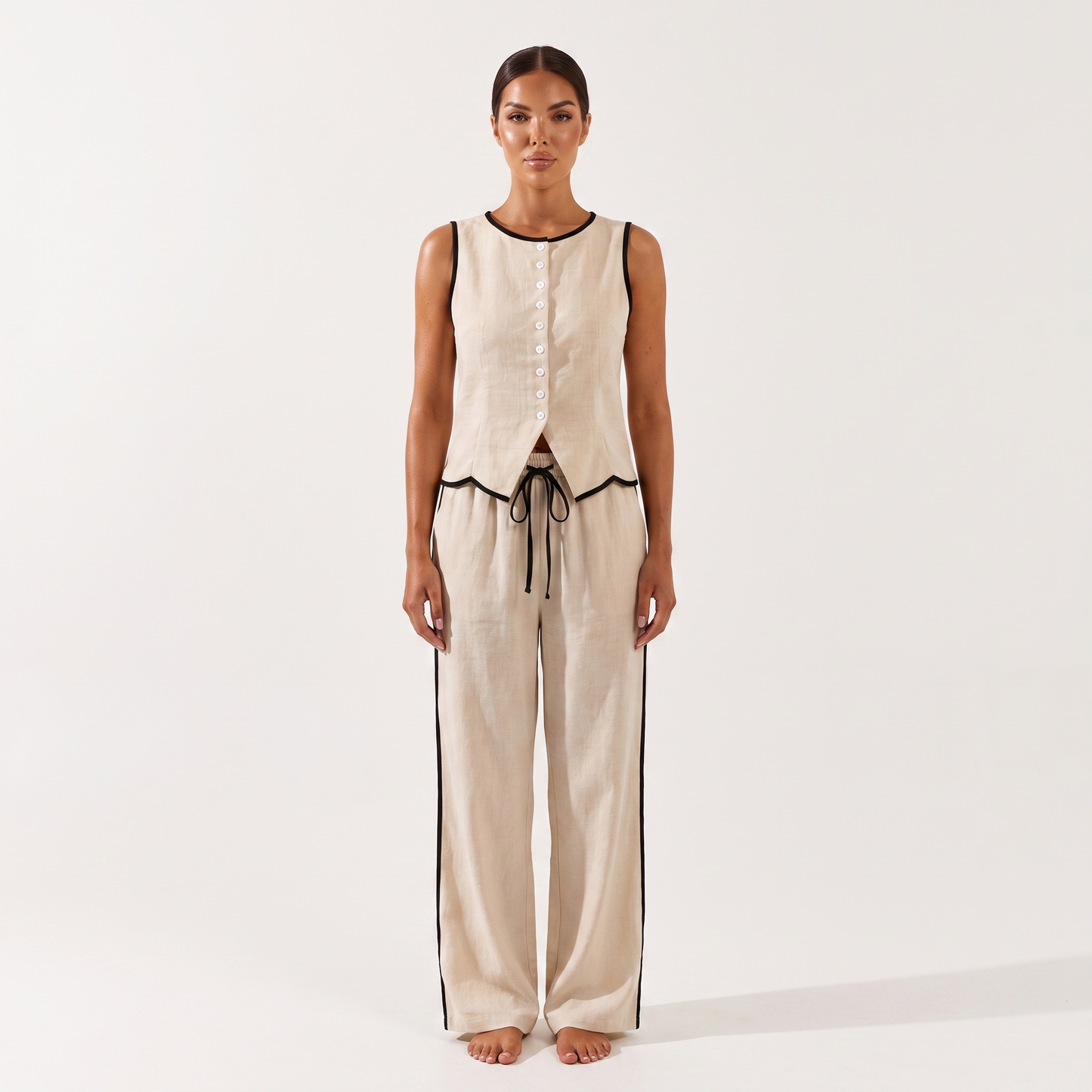 Sleeveless vest and drawstring trousers set, Apricot, full look