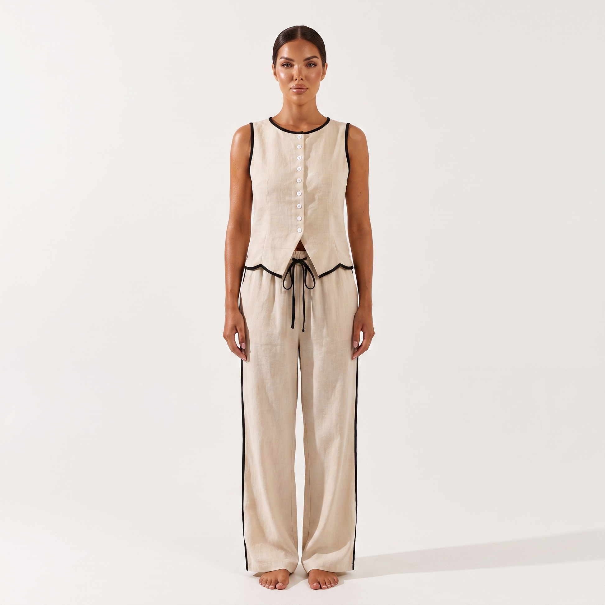 Sleeveless vest and drawstring trousers set, Apricot, full look