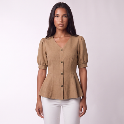 V-neck peplum blouse, Camel, full look