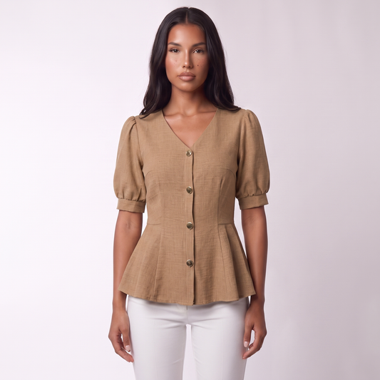 V-neck peplum blouse, Camel, full look