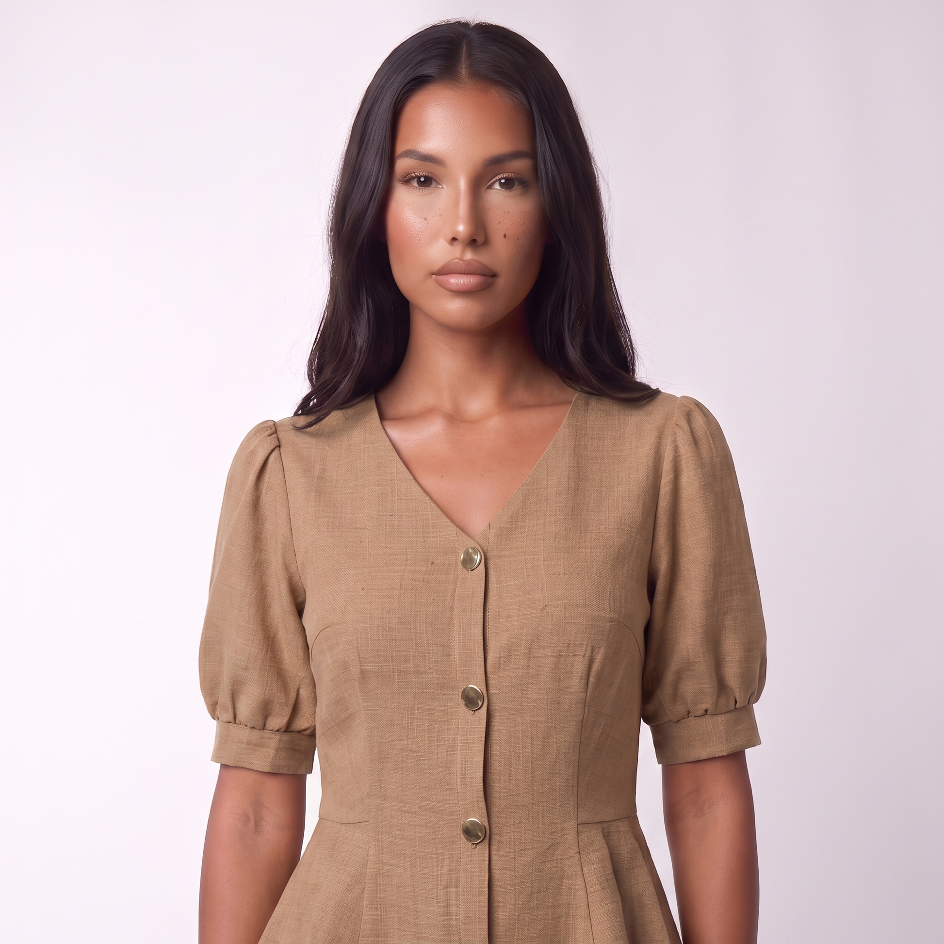 Neckline and gold button placket detail