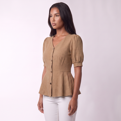 Three-quarter view, peplum silhouette