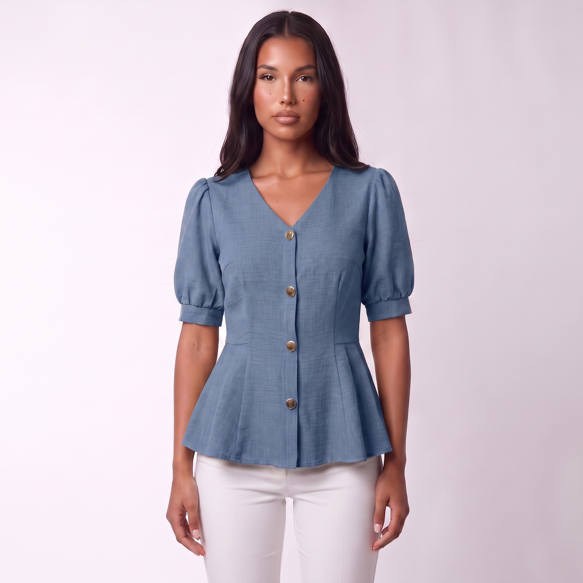 V-neck peplum blouse, Blue, full look