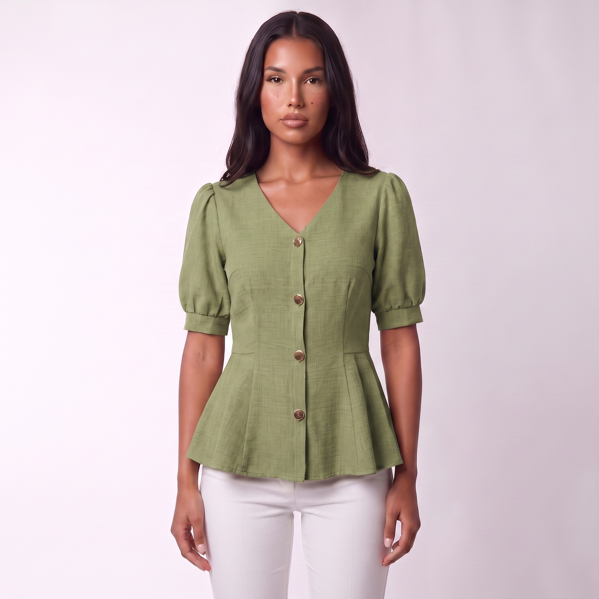 V-neck peplum blouse, Matcha green, full look