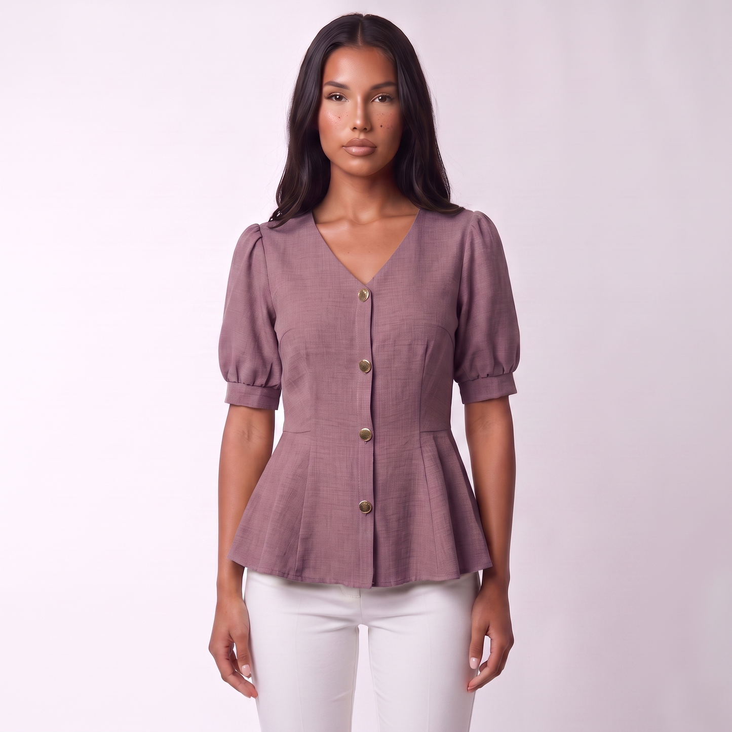V-neck peplum blouse, Purple, full look