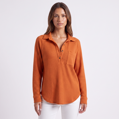 Waffle knit lapel top, Orange, full look