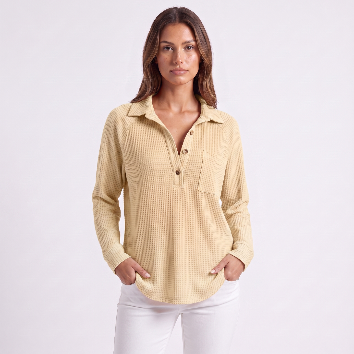 Waffle knit lapel top, Apricot, full look