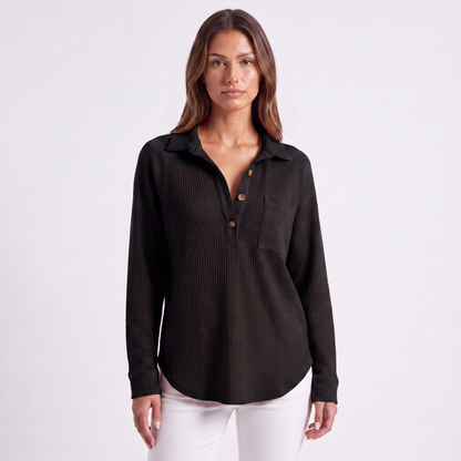 Waffle knit lapel top, Black, full look