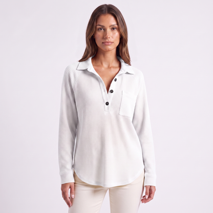Waffle knit lapel top, White, full look