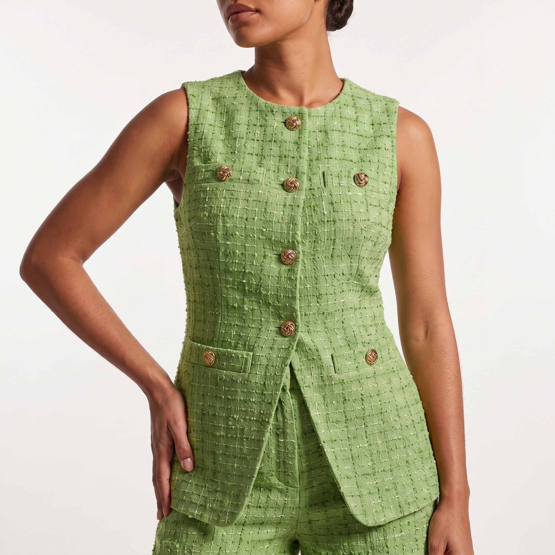 Vest detail with gold knot buttons and tweed weave