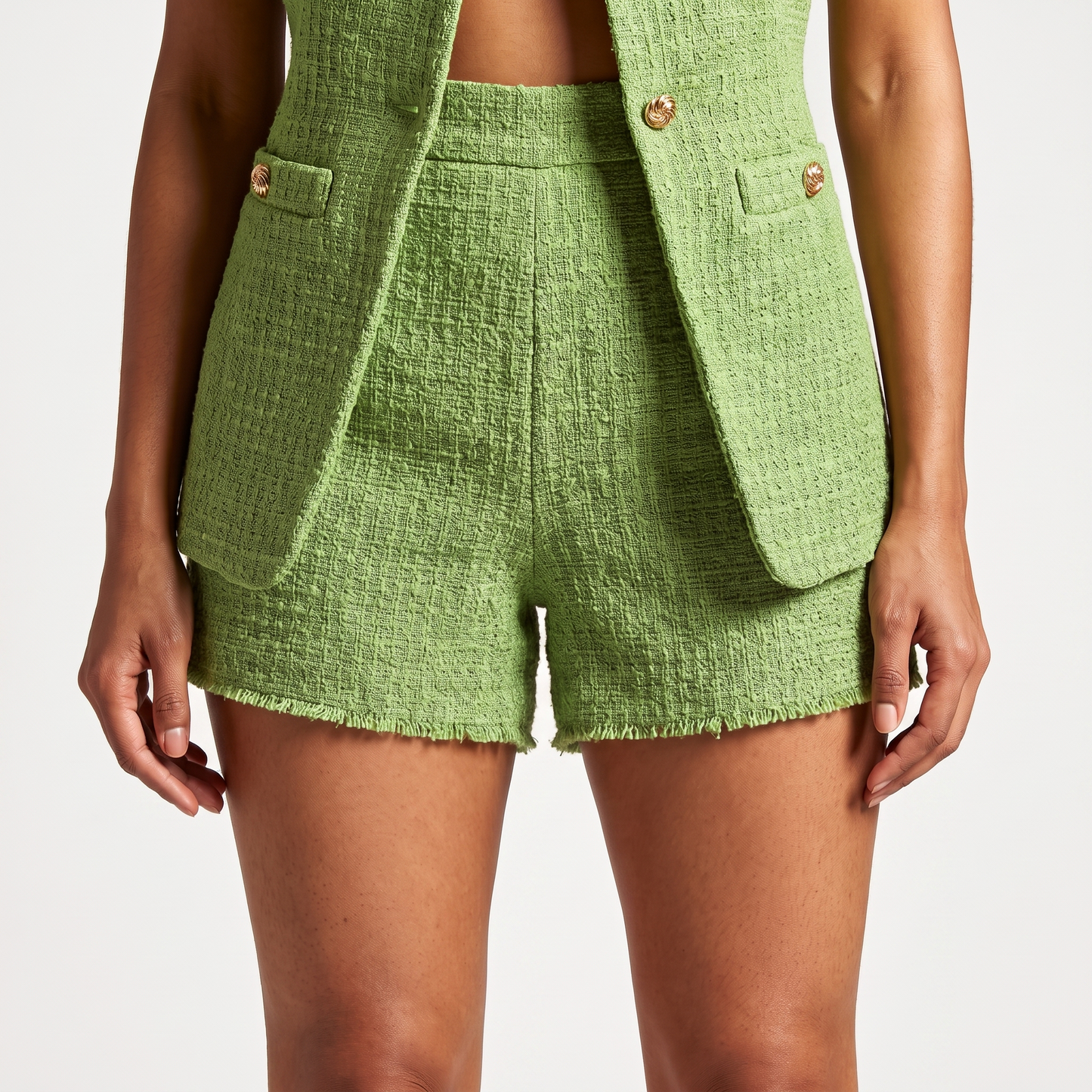 Textured tweed shorts detail with raw-edge hem