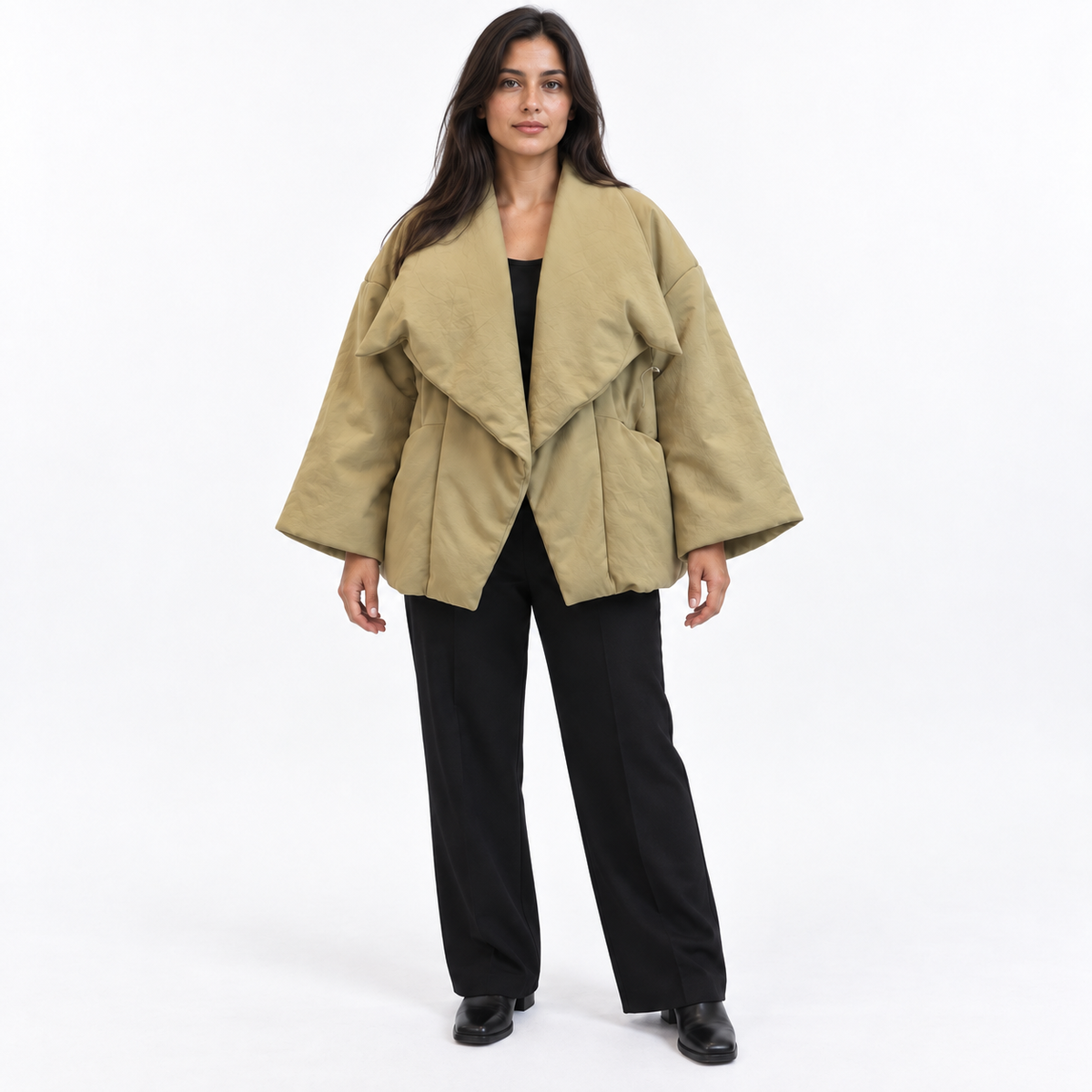 Oversized waterfall-lapel padded jacket — Khaki — front — studio 48-1