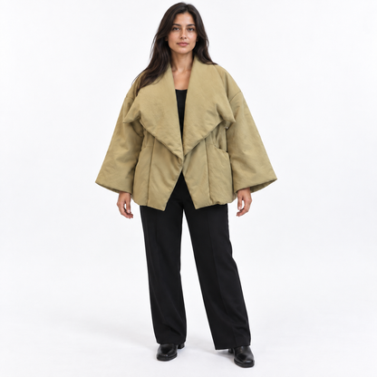Oversized waterfall-lapel padded jacket — Khaki — front — studio 48-1