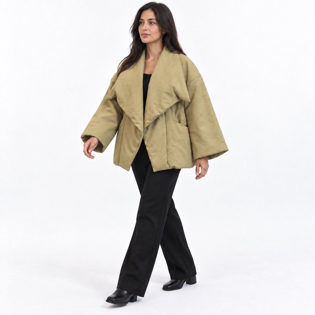 Oversized waterfall-lapel padded jacket — Khaki — three quarter — studio 48-2