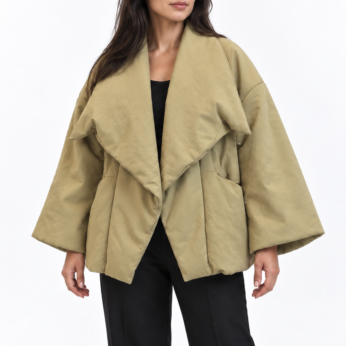 Oversized waterfall-lapel padded jacket — Khaki — detail — studio 48-3