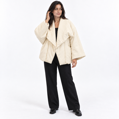 Oversized waterfall-lapel padded jacket — Beige — front — studio 48-4