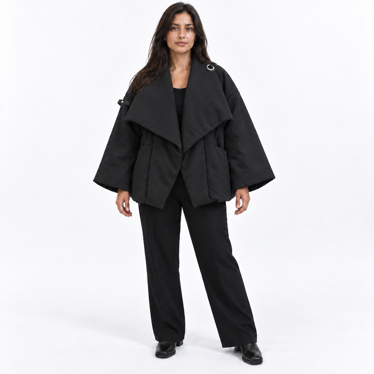 Oversized waterfall-lapel padded jacket — Black — front — studio 48-5