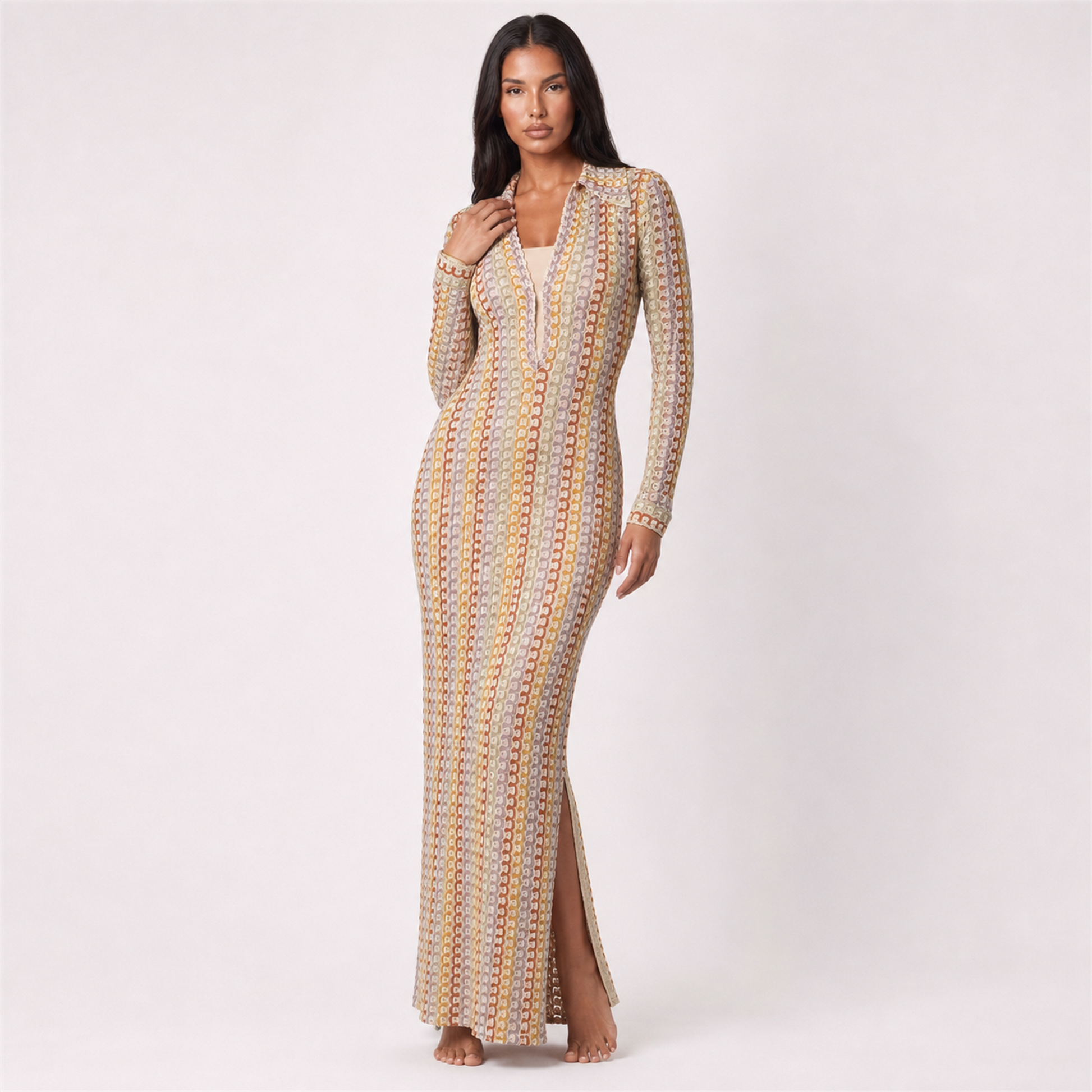 Women’s crochet dress in brown – alternate three-quarter view