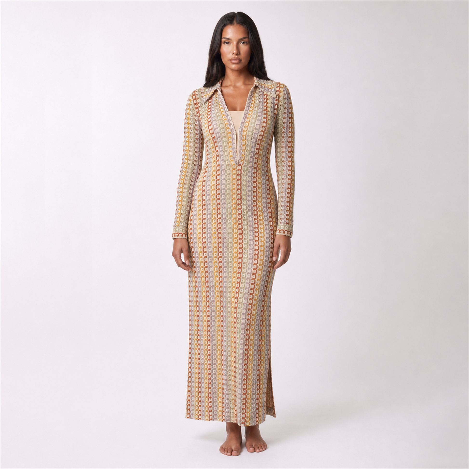 Women’s crochet dress in brown – full front view