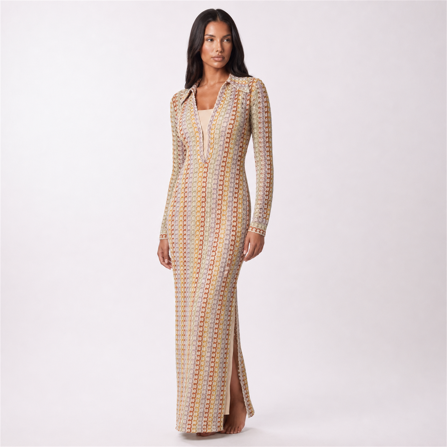 Women’s crochet dress in brown – three-quarter view