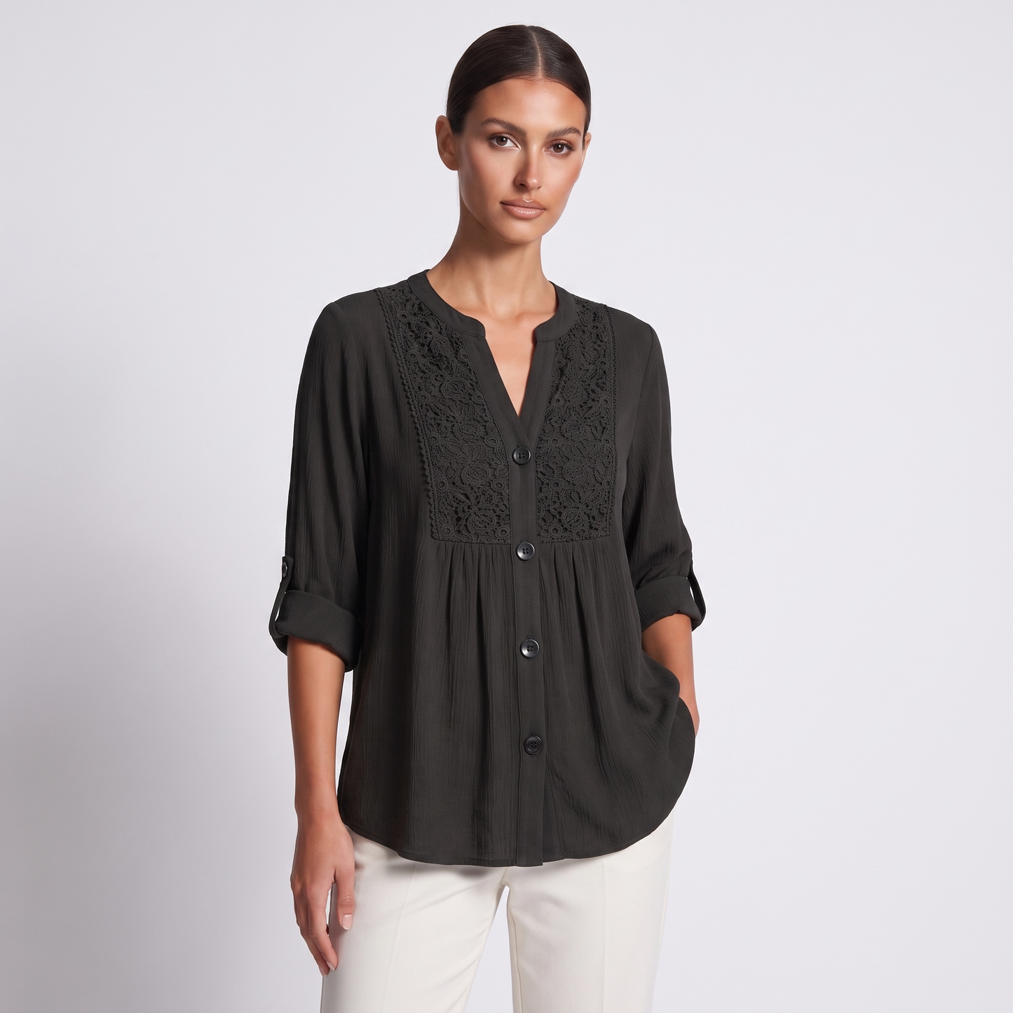 Maeve lace v-neck button front blouse, Black