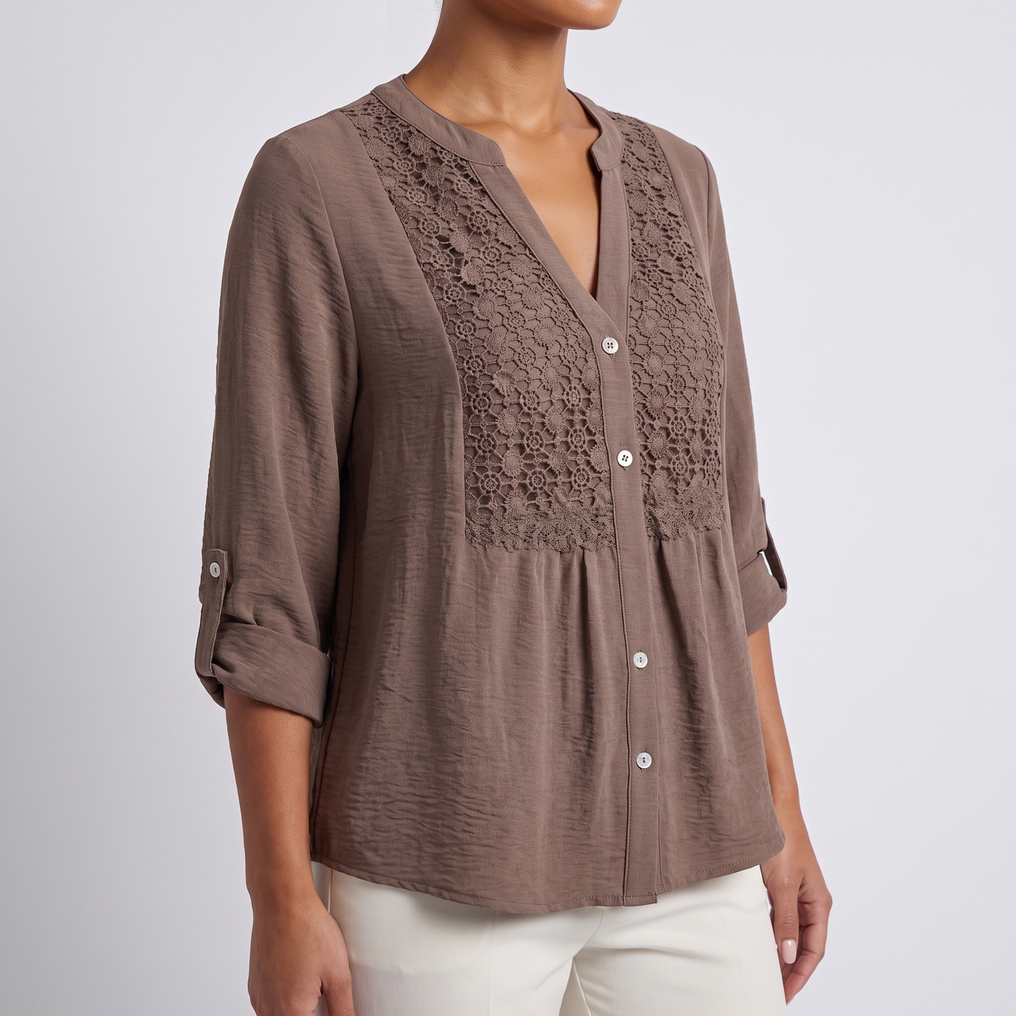 Maeve lace v-neck button front blouse, Brown