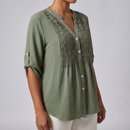 Maeve lace v-neck button front blouse, Green, hero front view