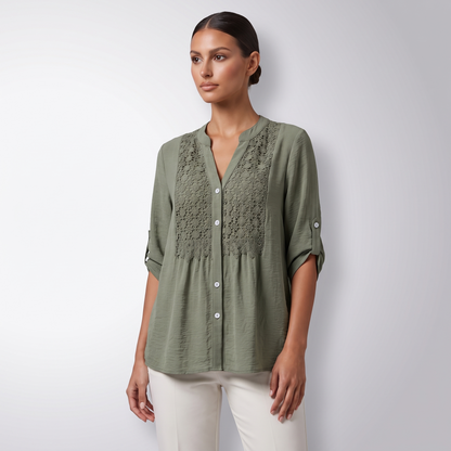 Maeve lace v-neck button front blouse, Green, three-quarter view