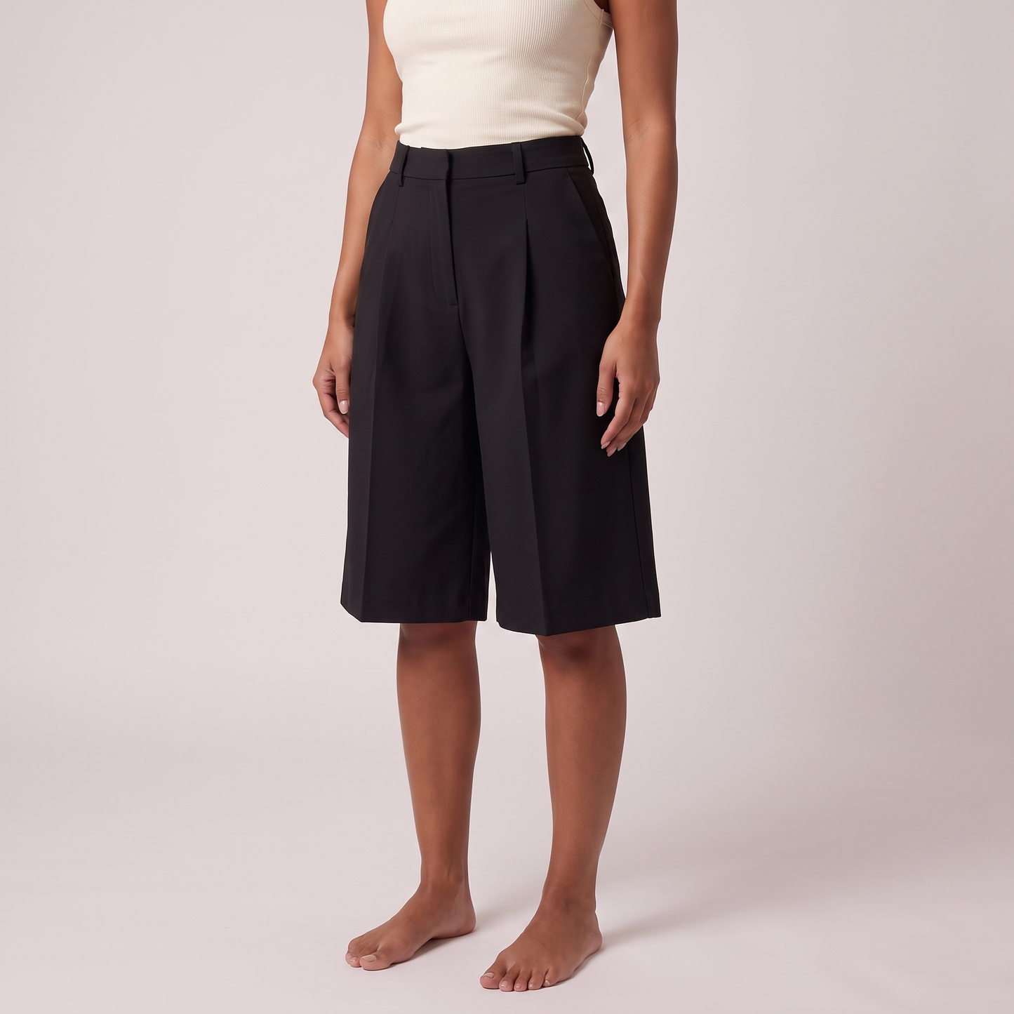 Women Casual Solid Color High Waist Wide Leg Shorts - Black three-quarter