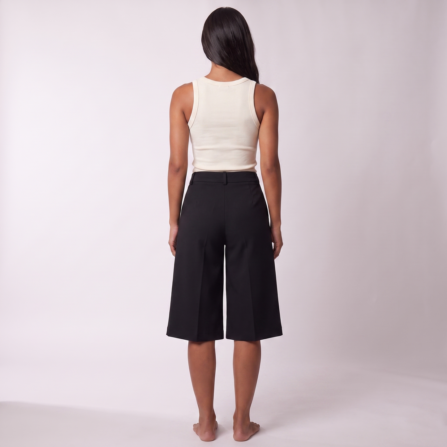 Women Casual Solid Color High Waist Wide Leg Shorts - Black back view