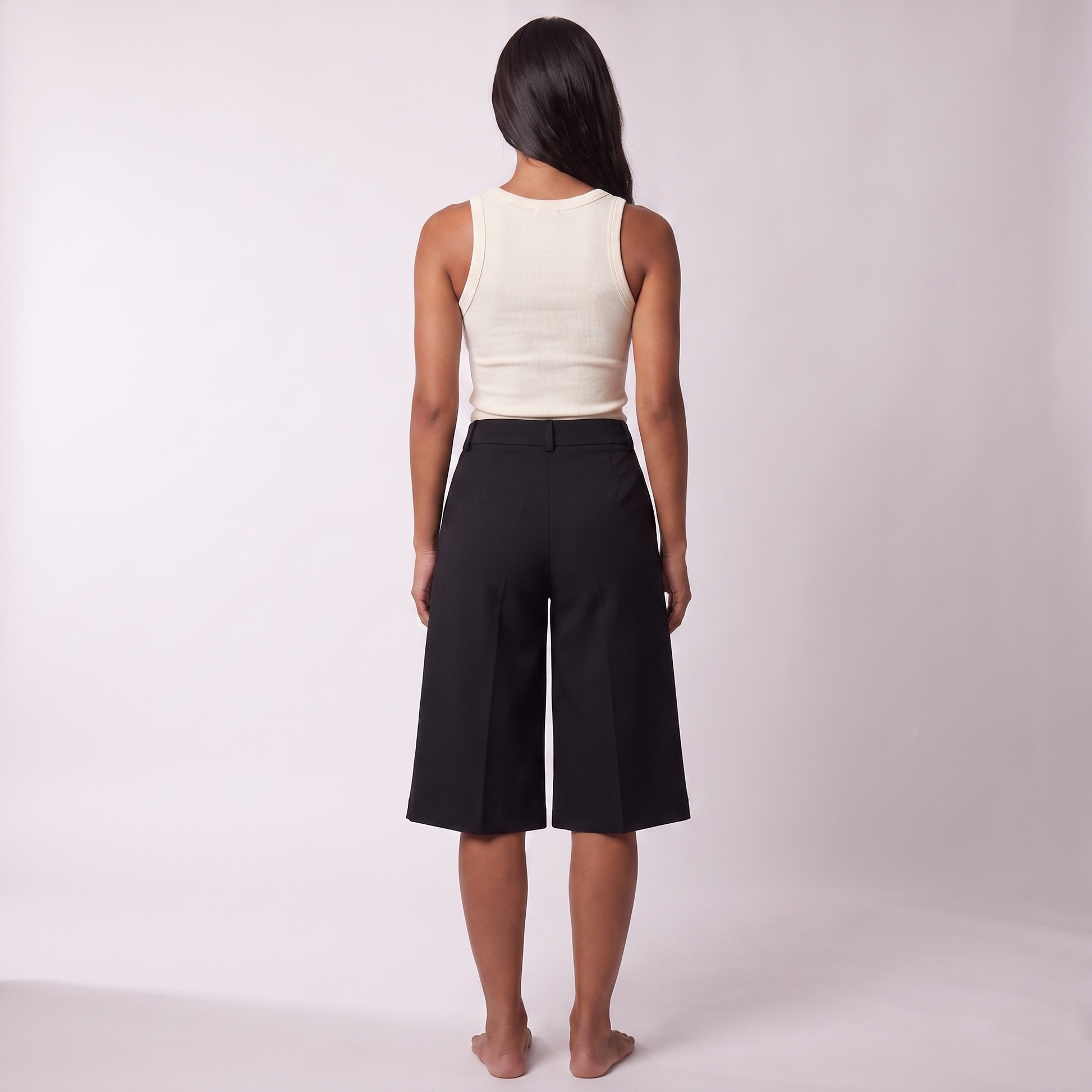 Women Casual Solid Color High Waist Wide Leg Shorts - Black back view