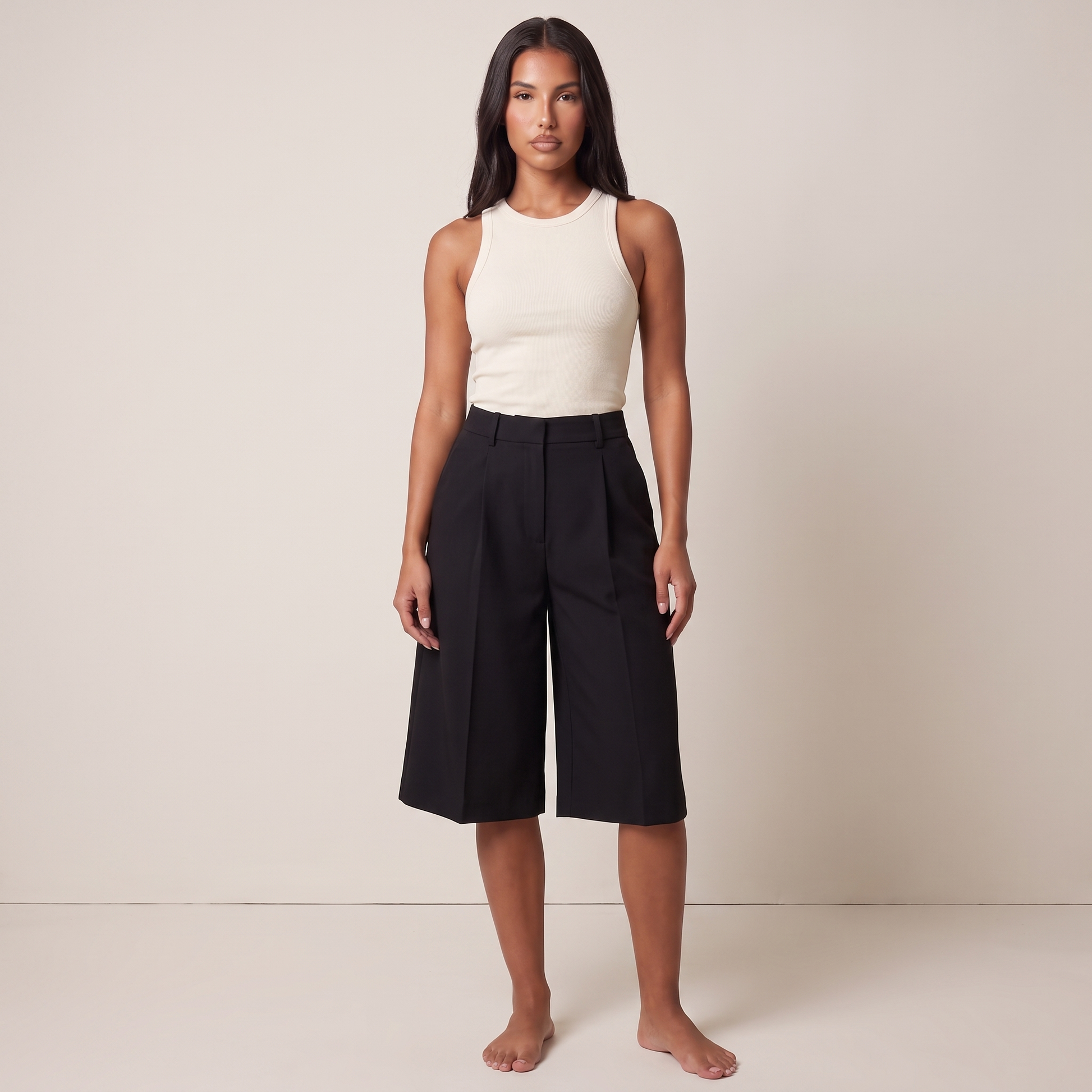 Women Casual Solid Color High Waist Wide Leg Shorts - Black full length