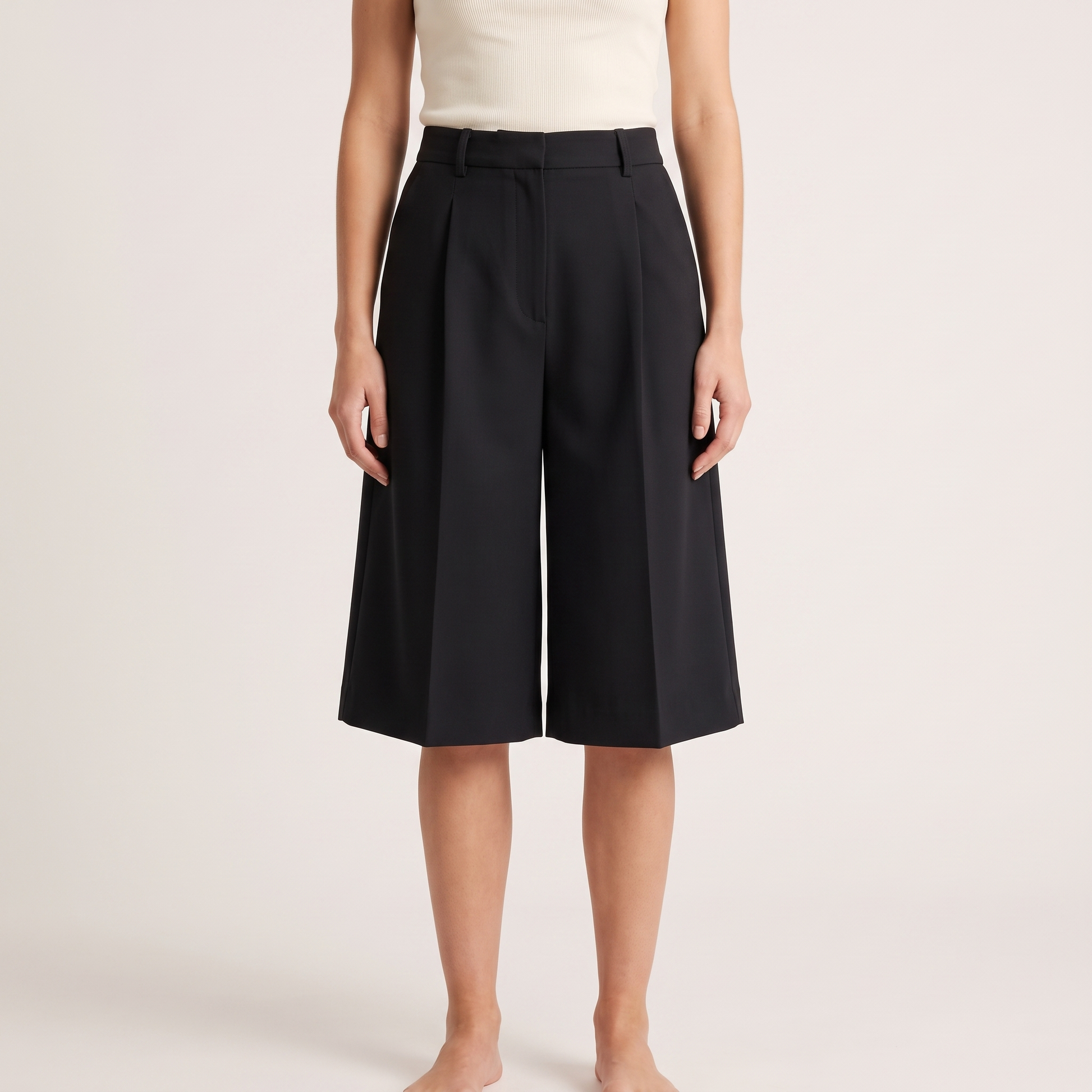 Women Casual Solid Color High Waist Wide Leg Shorts - Black hero