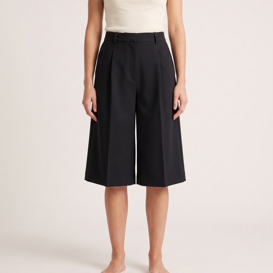 Women Casual Solid Color High Waist Wide Leg Shorts - Black hero