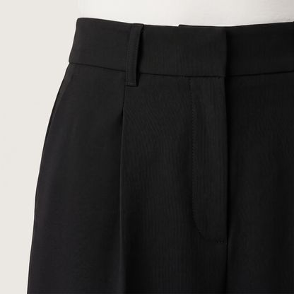 Women Casual Solid Color High Waist Wide Leg Shorts - Black waistband detail
