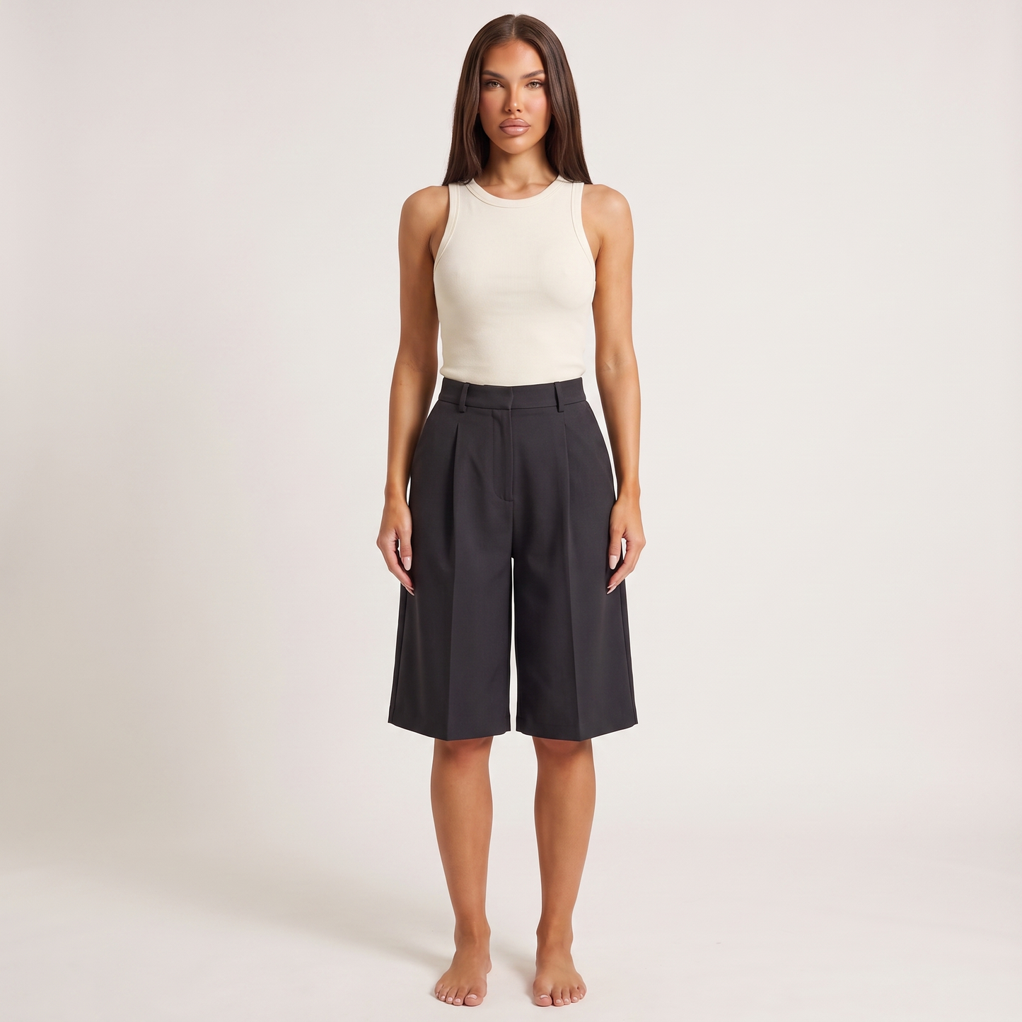 High Waisted Casual Suit Shorts for Women - Black full length