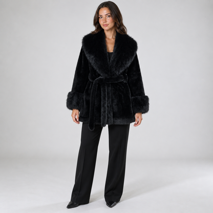 Belted faux-fur coat — Black — front — studio 27-1