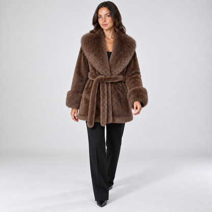 Belted faux-fur coat — Brown — front — studio 27-3