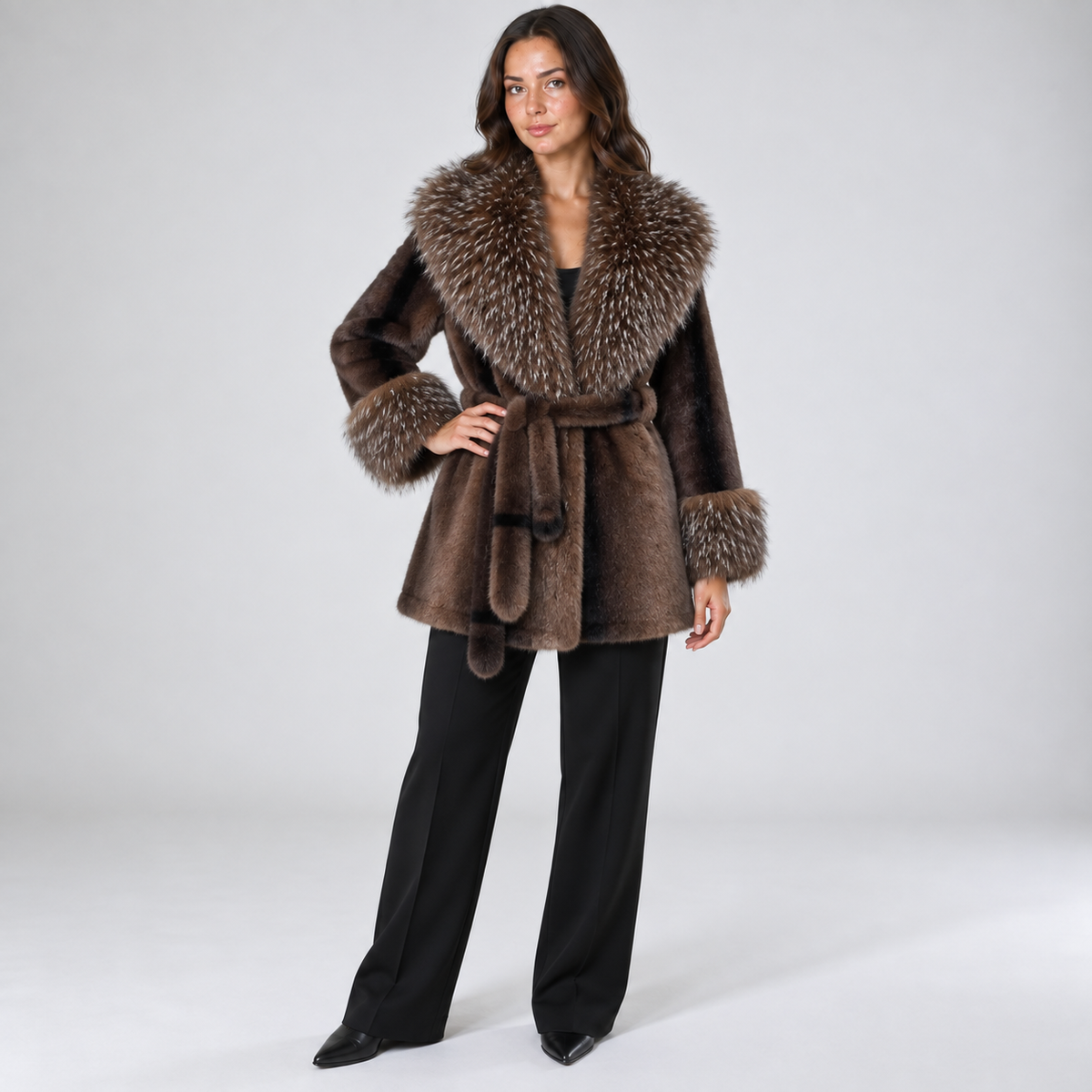 Belted faux-fur coat — Mocha — front — studio 27-4