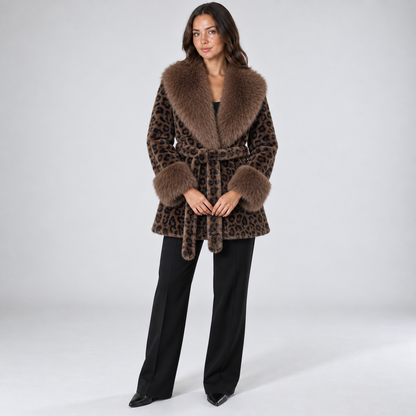 Belted faux-fur coat — Leopard — front — studio 27-5
