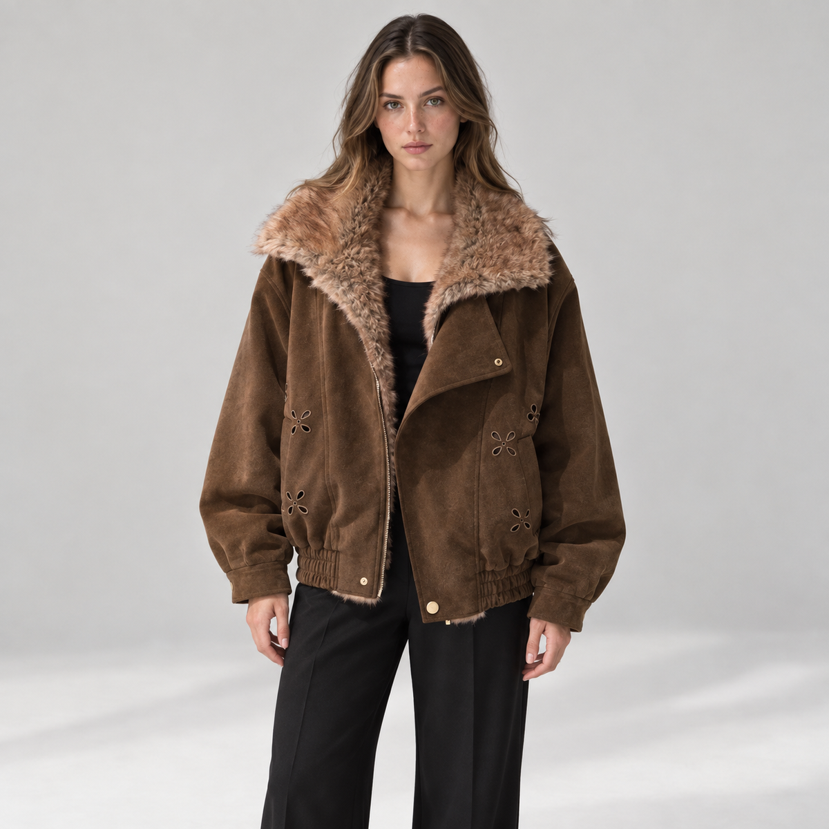 Fur-collar bomber jacket — Brown — front — studio 31-1