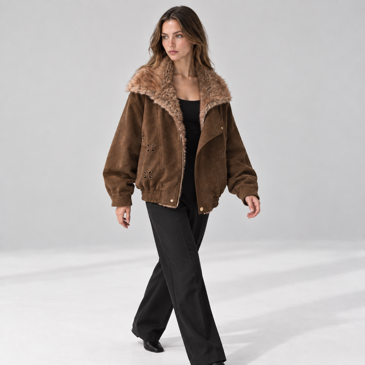 Fur-collar bomber jacket — Brown — three quarter — studio 31-2