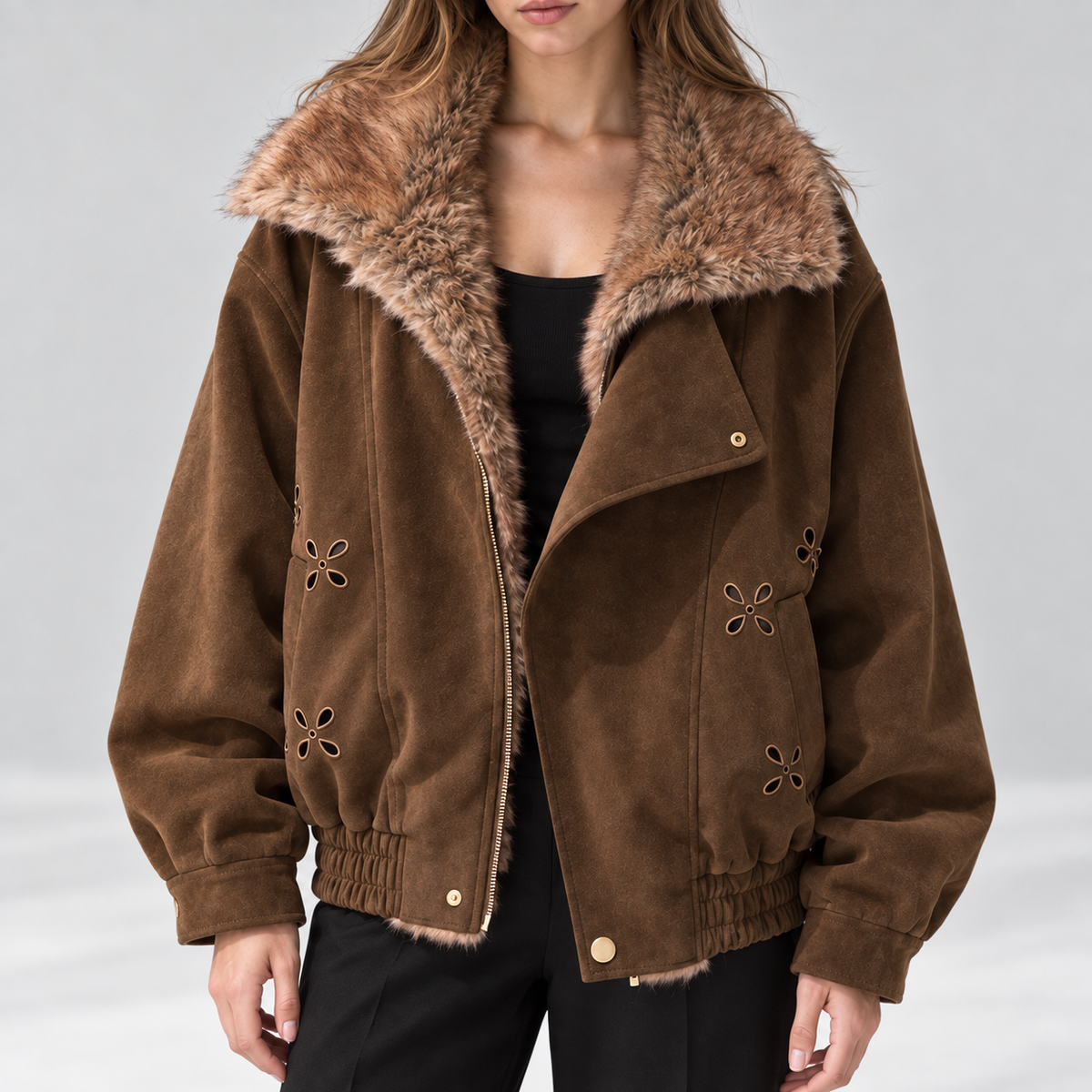 Fur-collar bomber jacket — Brown — detail — studio 31-3