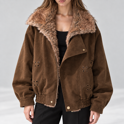 Fur-collar bomber jacket — Brown — detail — studio 31-3