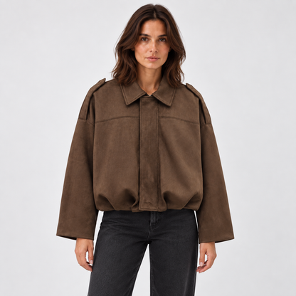 Suede Texture Bomber Jacket — Dark Brown — studio front